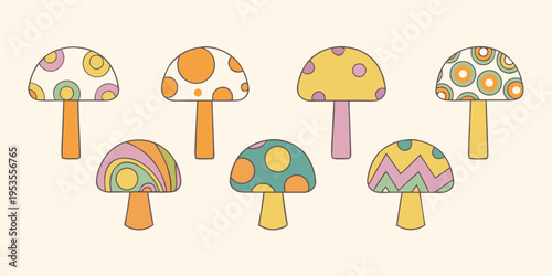 A collection of whimsical colorful mushrooms in a retro style illustration
