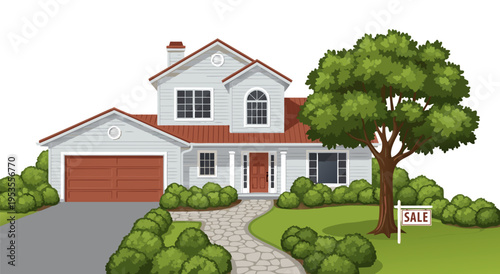 Charming Suburban House For Sale A Detailed Vector Illustration of a Family Home in a Green Neighborhood