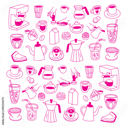 Kitchen appliances coffee maker machine tea maker and cake icons doodle silhouette