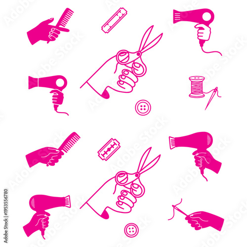 Hand holding scissors blade hair dryer and comb barber shop doodle silhouette set