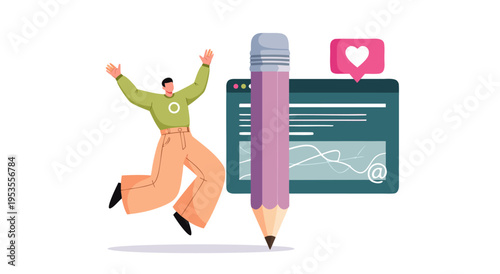 Excited Man Jumping with Joy Near a Giant Pencil and Analytics Graph - Vector Illustration