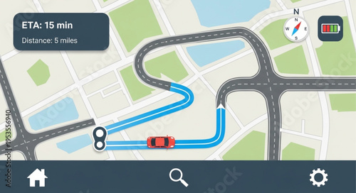 Navigation app interface displaying route with ETA and distance.