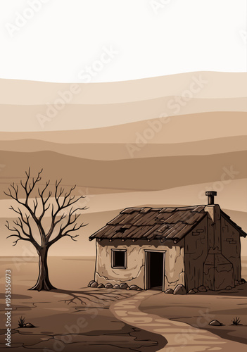 Sepia toned vector illustration of a solitary abandoned rustic cottage with a bare tree in a desolate landscape
