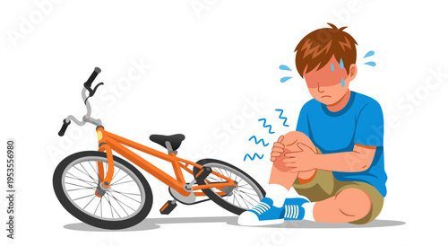 A young boy with an injured knee sits on the ground next to a fallen bicycle in this vector illustration depicting a common childhood accident