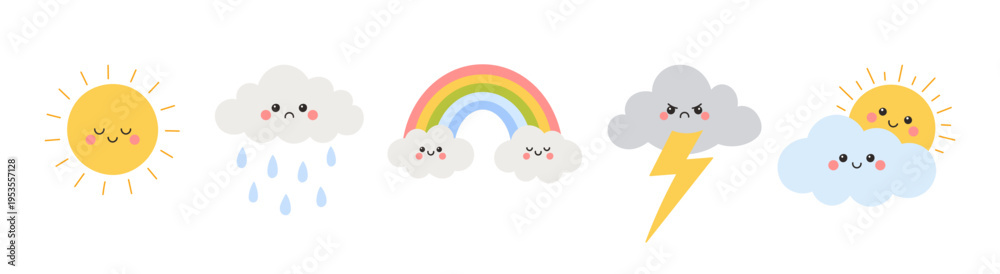 Fototapeta premium Kawaii weather forecast icon set with sun, clouds, rain, rainbow. Flat character vector elements isolated on white background. Perfect for kids design, apps, and educational materials