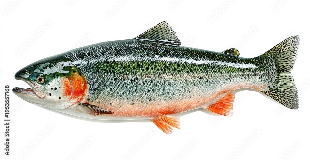 Obraz premium Fresh rainbow trout fish with vibrant scales and orange belly, displayed on a white background, showcasing its natural colors and features for culinary presentation
