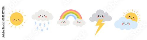 Kawaii weather forecast icon set with sun, clouds, rain, rainbow. Flat character vector elements isolated on white background. Perfect for kids design, apps, and educational materials