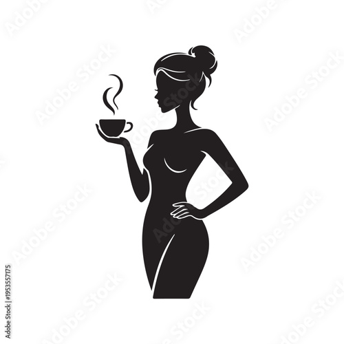 Stylish black silhouette woman holding coffee cup with steam