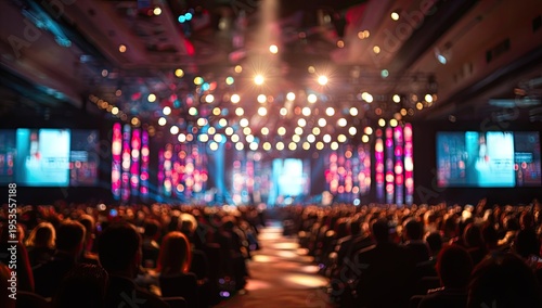 Vast Auditorium Filled with Audience Under Dramatic Stage Lighting.