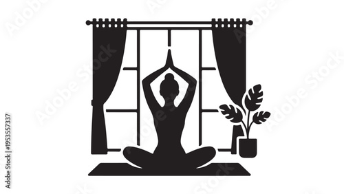 Woman doing yoga meditation in living room with open window and plant