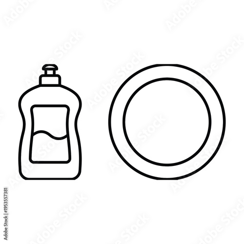 Cleaning and household concept featuring a soap bottle and dish illustration isolated on a white background