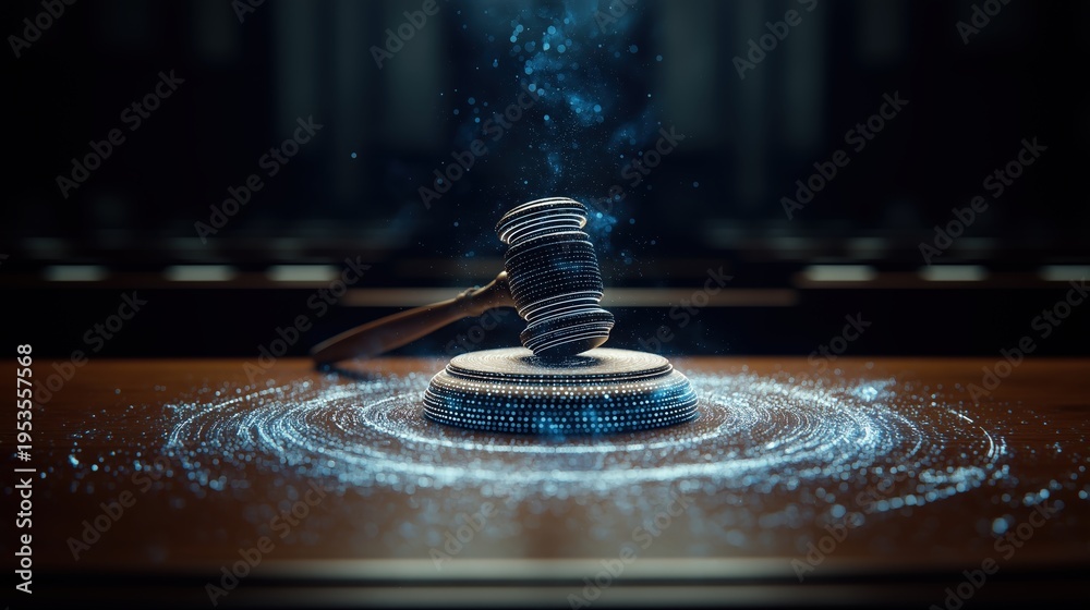 Obraz premium A digital representation of a judge's gavel emits a glowing, swirling pattern of particles symbolizing justice and law in a modern, tech-inspired style.