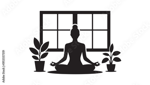 Woman meditating in lotus pose by window with plants