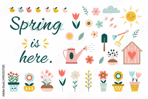 A colorful spring illustration featuring flowers fruits and gardening tools