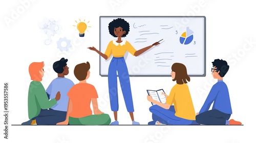 Diverse group of people sitting in a circle listening to a woman presenting on a whiteboard