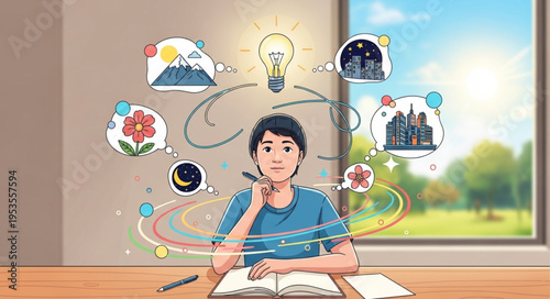 Illustration of a young man surrounded by creative ideas and inspiration.