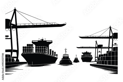 Black and white of cargo ships and cranes at port shipping