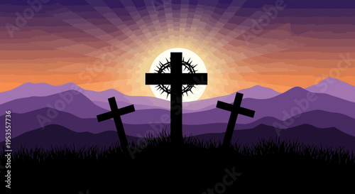 Three crosses silhouetted against a vibrant sunset sky, with the central cross adorned with a crown of thorns, symbolizing the crucifixion.
