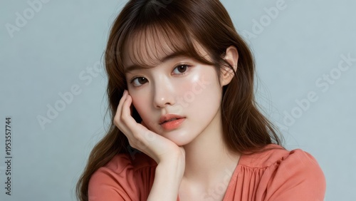 Young Asian woman thinking deeply with hand on chin in soft pastel blue background portrait closeup