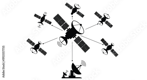 Satellite communication network graphic illustration showing orbital connection to ground receiving stations