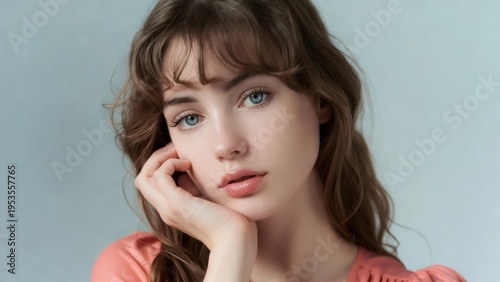 Young woman thinking deeply with hand on chin in soft natural light portrait against teal background