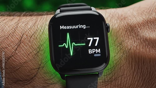 Smartwatch measuring heart rate with green light effect on wrist