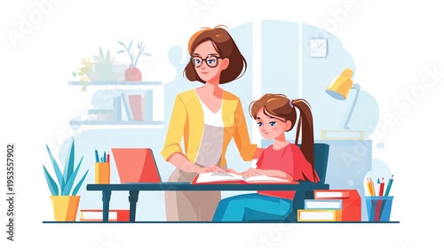 Woman helping a young girl with homework at a desk in a cozy home office