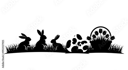 Easter bunnies, egg, and flower basket silhouette on grass.