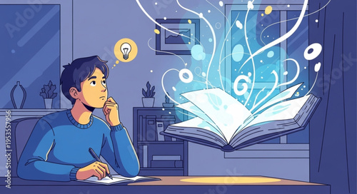 Illustration of a Man Inspired by a Book, Generating Ideas.