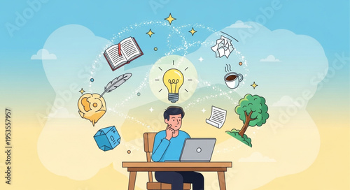 Illustration of a Man Working on Laptop Surrounded by Floating Ideas.