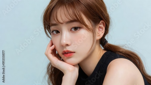 Young Asian woman thinking deeply with hand on chin in soft natural light portrait against plain background