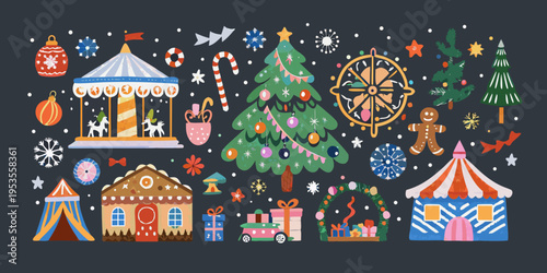 Festive winter carnival scene with christmas trees and gingerbread treats