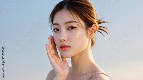 Young Asian woman touching face gently in soft natural light, skincare beauty portrait, glowing skin, serene expression, minimalist background
