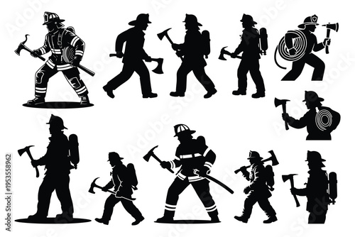 Black silhouettes of firefighters with axes and hoses on white