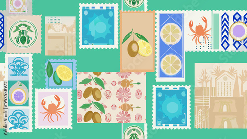 A vibrant repeating pattern of illustrated postage stamps and tropical motifs