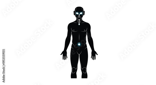 Futuristic humanoid robot vector illustration showcasing internal energy points on a clean white background.