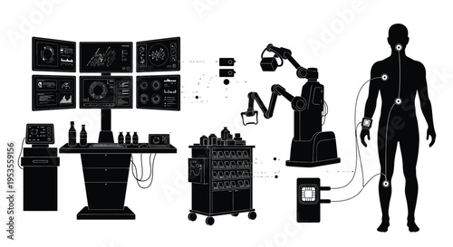 Advanced medical research illustration showcasing human monitoring, robotic automation, and comprehensive data analysis in a laboratory setting