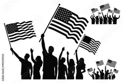 Black silhouettes of people waving American flags