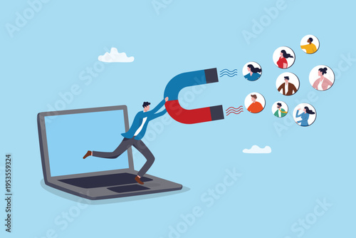 Customer magnet draw attention for marketing campaign, sales advertising or online community lead to prospect conversion, new client, businessman use magnet to draw customers to online store website.