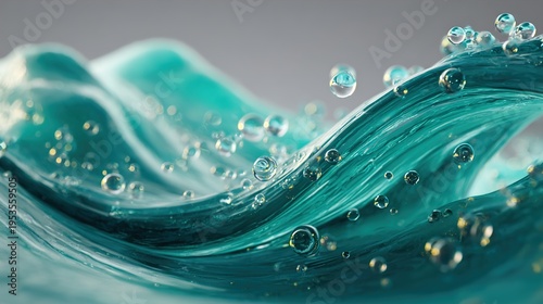 Teal liquid wave with bubbles on a gray background