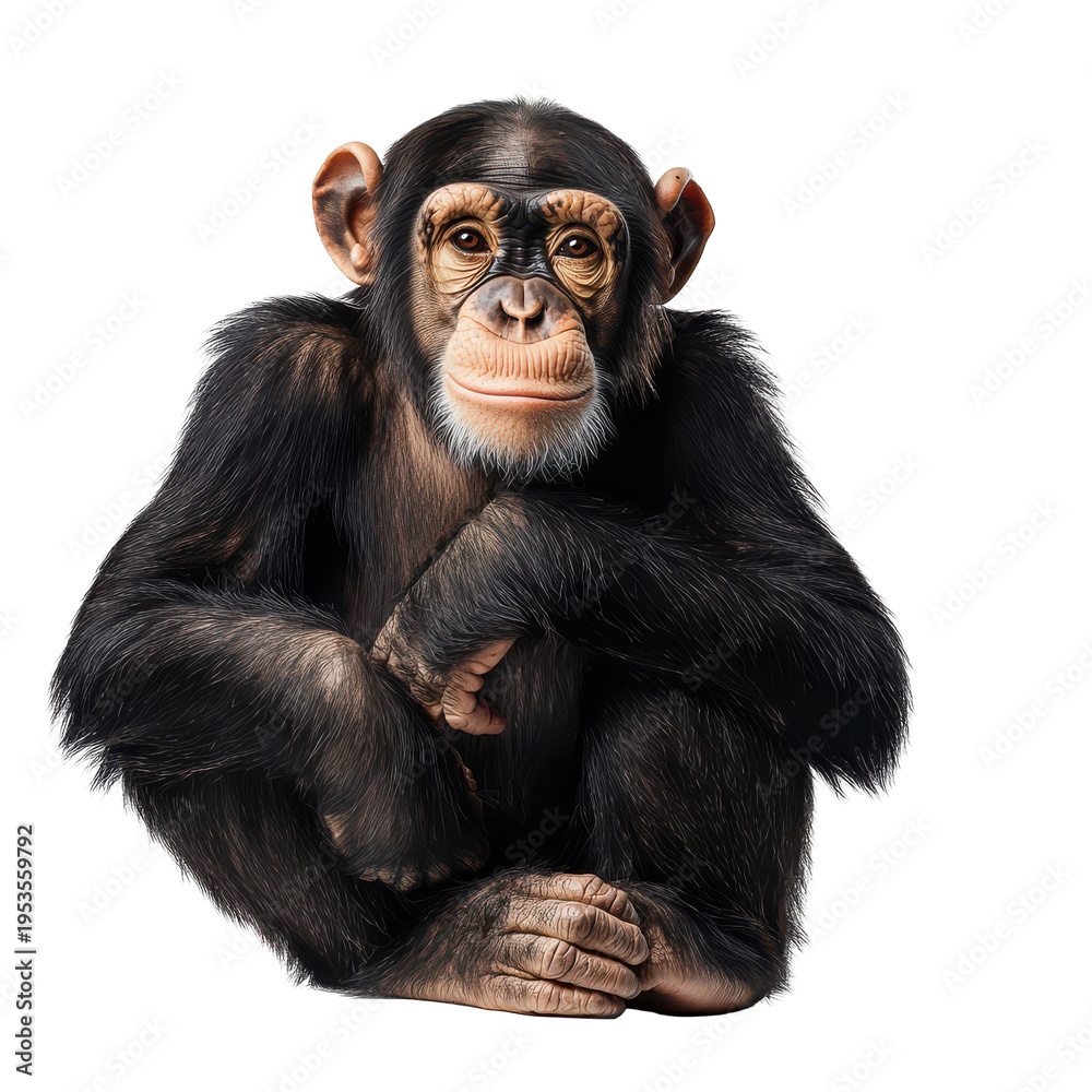 Naklejka premium Chimp sitting quietly while observing surroundings in a bright indoor space during the day