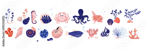Photography Underwater marine life set, ocean animals, crabs, fish, seaweed, shells, and ocean elements for branding, packaging, educational materials, childrens books, cards, posters, and tropical design