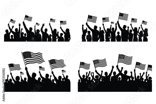 Black silhouettes of people waving American flags crowd