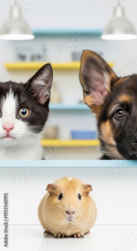 Kitten, puppy, and guinea pig on a light surface, peeking with a blurred room background. Concept of pets, friendship, and diversity, offering free space below for text or display