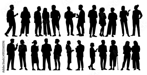 Silhouettes of people stand or move in groups. Some converse, others walk or gesture with hands. Expressions are unclear due to shadows. Scene suggests social gatherings or public interaction