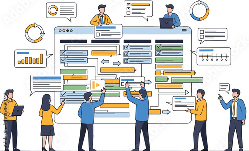Business workflow management with team collaborating on digital interface, project planning dashboard, process automation system flat vector illustration