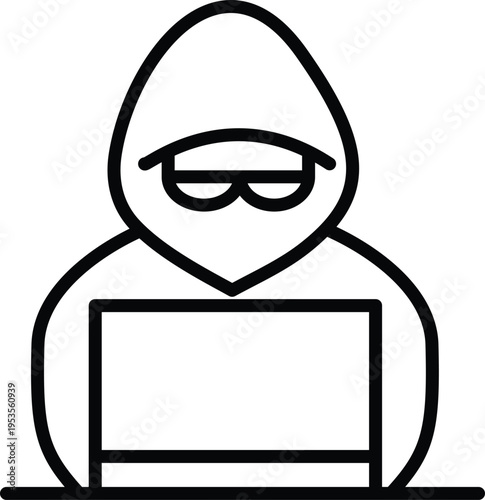 Minimal line icon of a hooded hacker using a laptop, representing cybercrime, hacking, data breach, cybersecurity threats, and online security risks