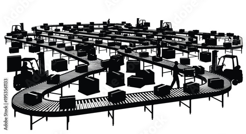 Complex automated logistics system with workers and forklifts moving packages along conveyor belts
