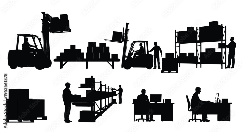 Fototapeta premium Detailed vector graphic illustration showing different warehouse workers performing logistics and industrial tasks