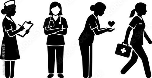 Four silhouettes of nurses in different poses